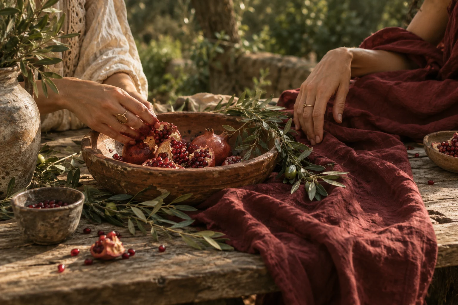 Imagen ilustrativa de manos compartiendo granadas sobre una mesa con textiles bordó.