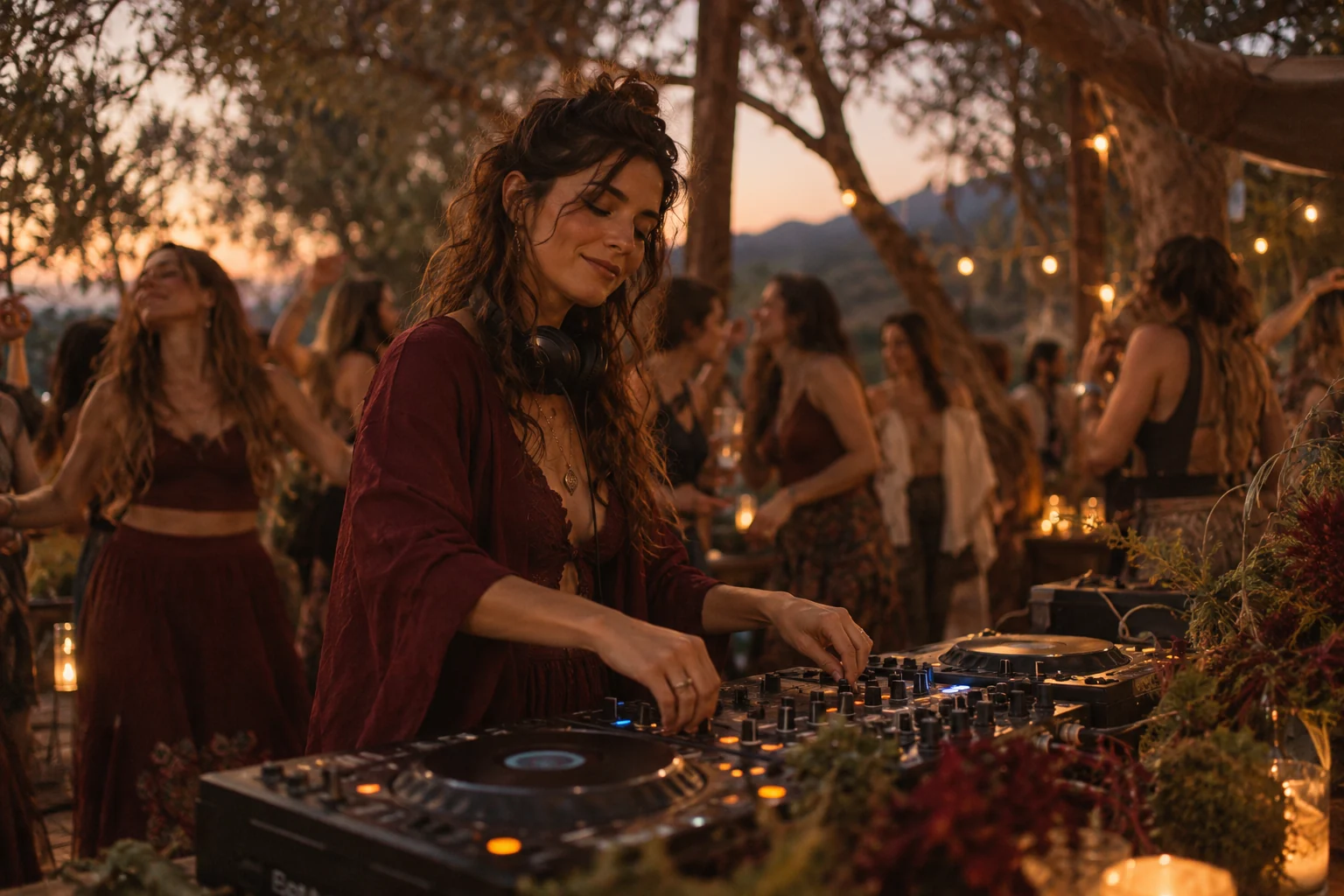 Imagen ilustrativa de una DJ y mujeres bailando al atardecer.
