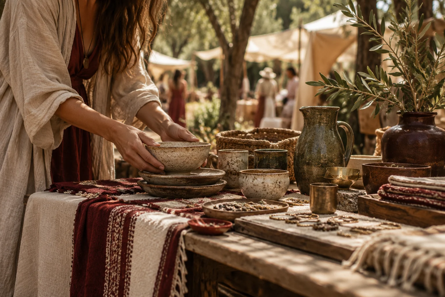 Imagen ilustrativa de una mesa de cerámicas y artesanías al aire libre.